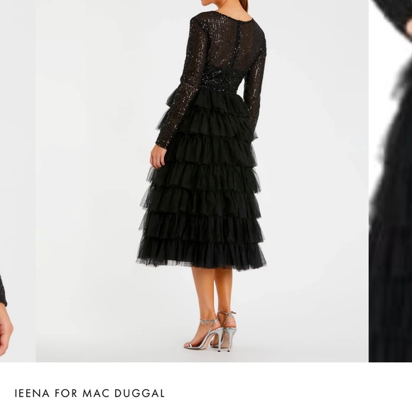 Mac Duggal Sequined Black Long Sleeve Ruffle Tiered Midi Dress - Gently Worn - Picture 3 of 16